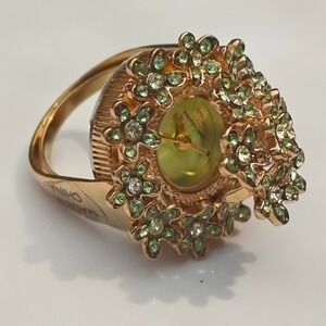 Jennifer Lopez Watch Ring Gold Tone Green Rhinestone Crystal Floral Flip Cover